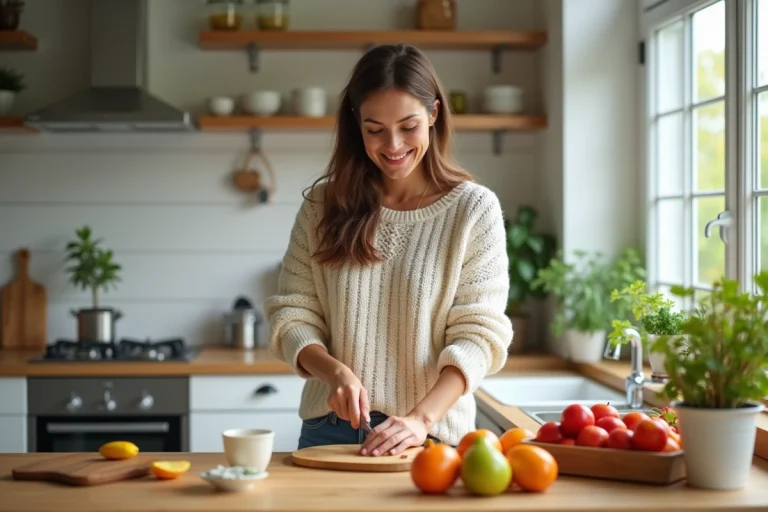 Femme souriante préparant des fruits frais dans la cuisine