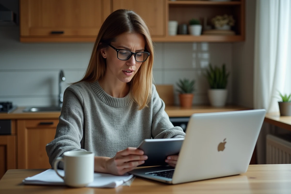 Femme lisant instructions sur tablette dans la cuisine