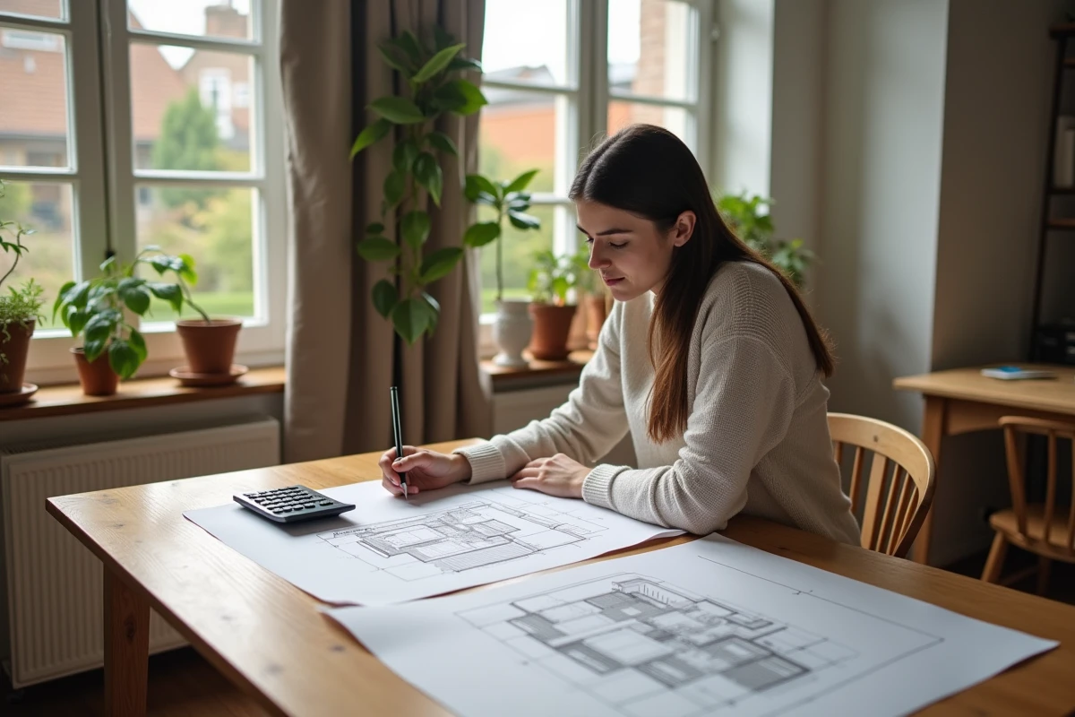 Jeune femme dessinant un plan de maison à la table de salle à manger