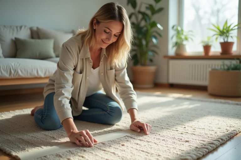 Femme posant avec du ruban écologique dans son salon moderne