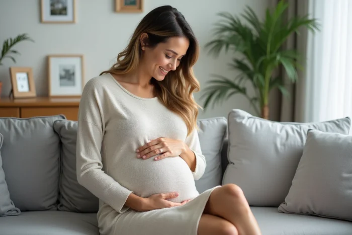 Femme enceinte assise sur un canapé dans un salon cosy
