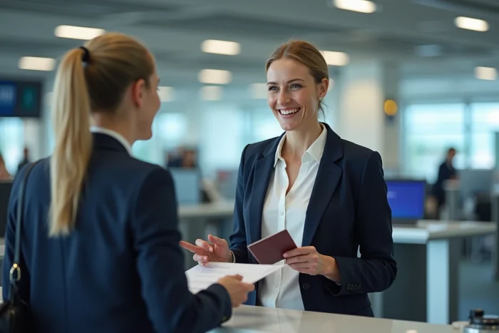 Femme en blazer navy et homme à l'aéroport échangeant documents