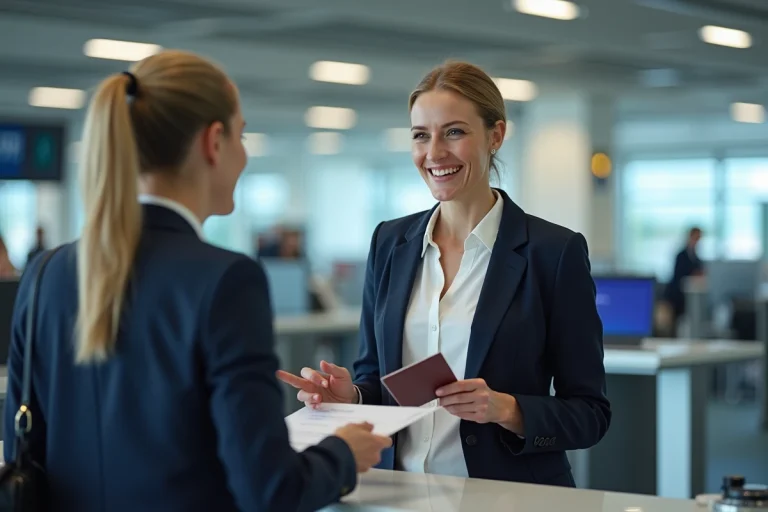 Femme en blazer navy et homme à l'aéroport échangeant documents