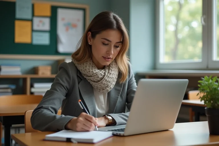 Femme attentive prenant des notes dans une salle de classe moderne