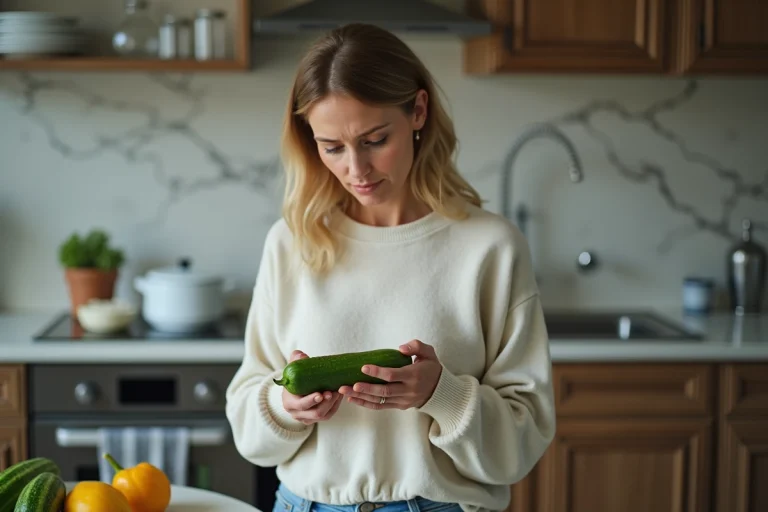 Femme examinant un concombre à la surface abîmée dans la cuisine