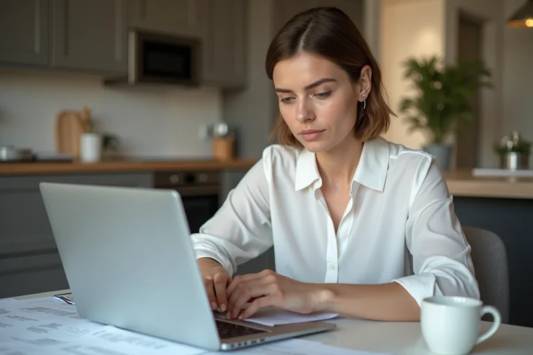 Femme remplissant un formulaire administratif français à la maison