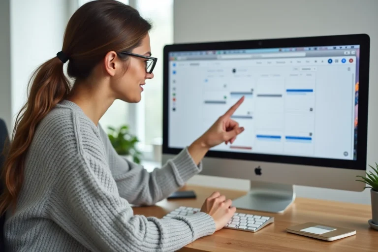 Femme utilisant Google Agenda sur un iMac pour afficher les numéros de semaine dans un bureau à domicile moderne