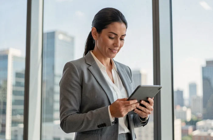 Femme professionnelle consultant des données financières sur tablette devant une fenêtre panoramique en immeuble de bureaux