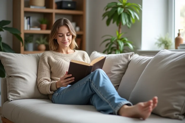 Femme lisant un livre dans un salon scandinave cosy