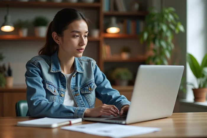 Jeune femme avec ordinateur et papiers pour achat produits