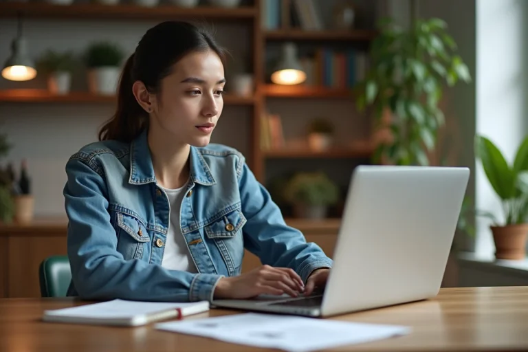 Jeune femme avec ordinateur et papiers pour achat produits