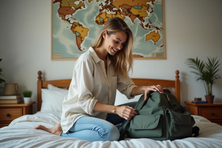 Femme préparant son sac à dos dans une chambre chaleureuse