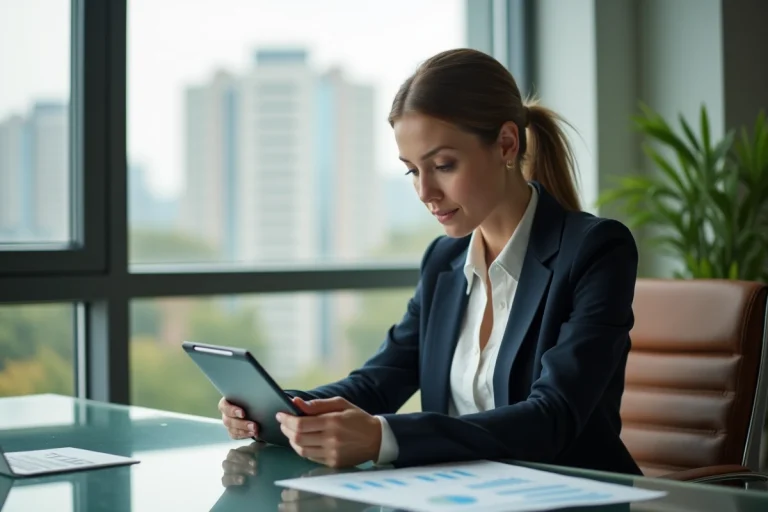 Femme d'affaires regardant un document sur une tablette dans un bureau moderne