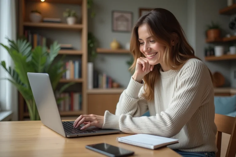 Femme souriante recherchant des biens immobiliers sur son ordinateur