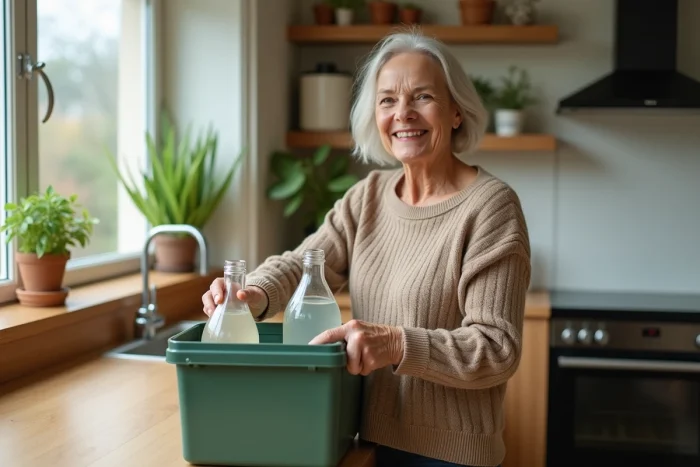 Femme d'âge moyen recyclant des bouteilles dans la cuisine