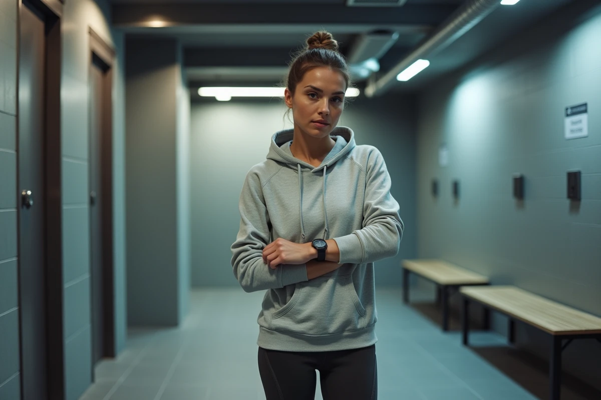 Femme ajustant sa montre dans la zone des douches