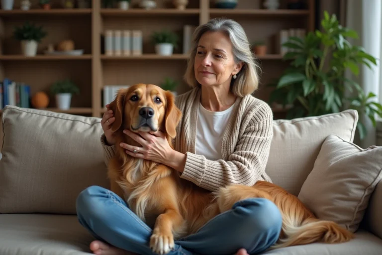Femme assise avec son chien retriever dans un salon chaleureux