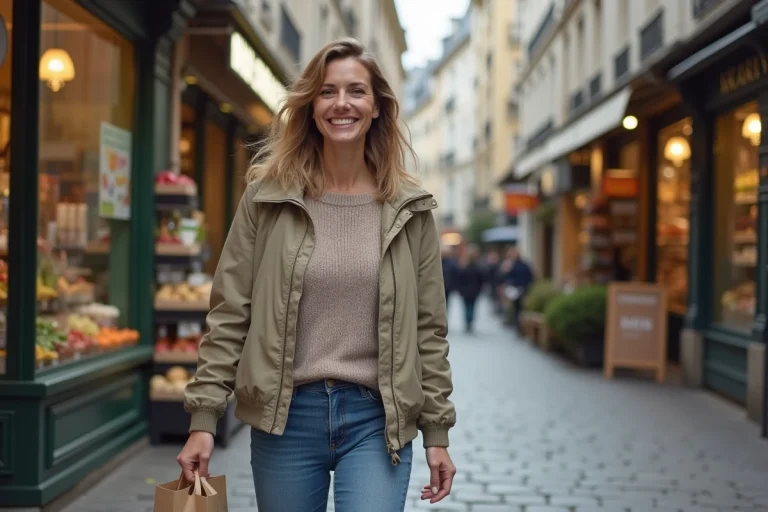Femme souriante sortant d'un supermarché nantais en rue piétonne