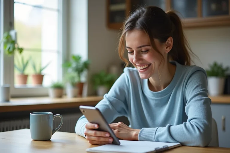 Femme souriante utilisant son smartphone pour noter son numéro Flying Blue