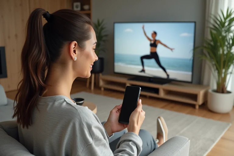 Femme souriante regardant une vidéo fitness sur TV