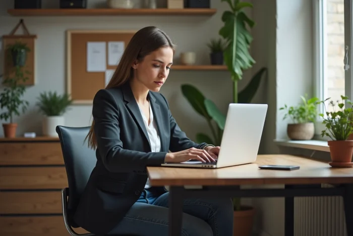 Femme en tenue professionnelle travaillant sur son ordinateur dans un bureau moderne