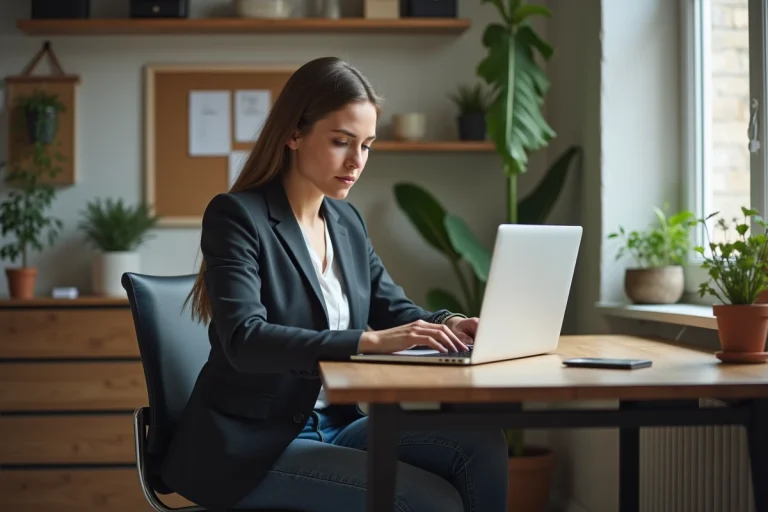 Femme en tenue professionnelle travaillant sur son ordinateur dans un bureau moderne