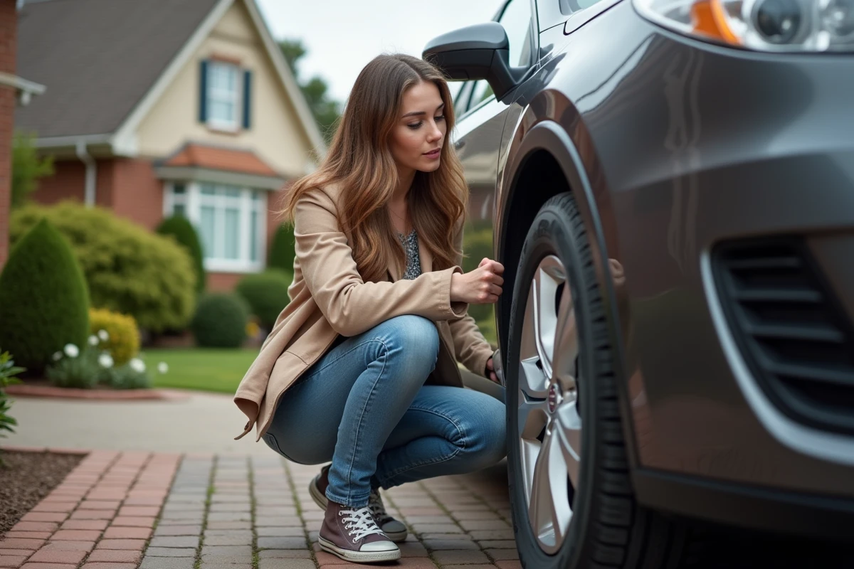 Femme inspectant un pneu Sebring à l