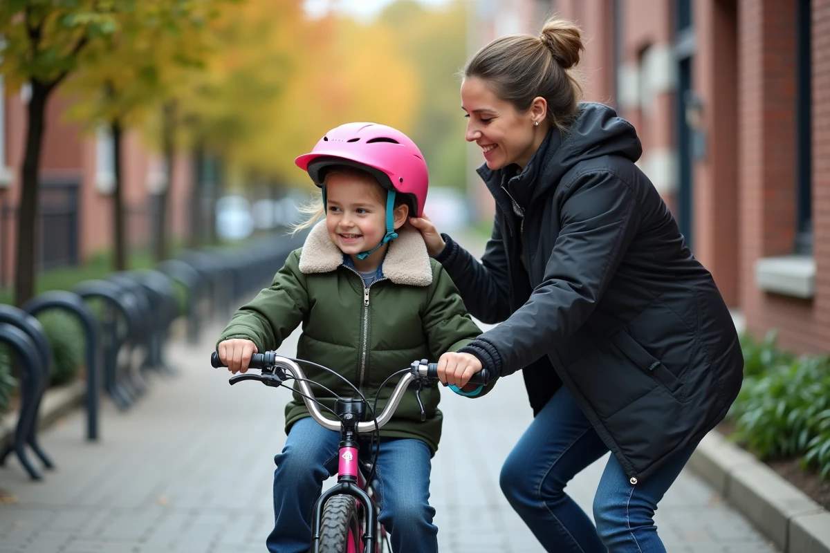 Fille de 7 ans avec casque rose et maman à l’extérieur de l’école