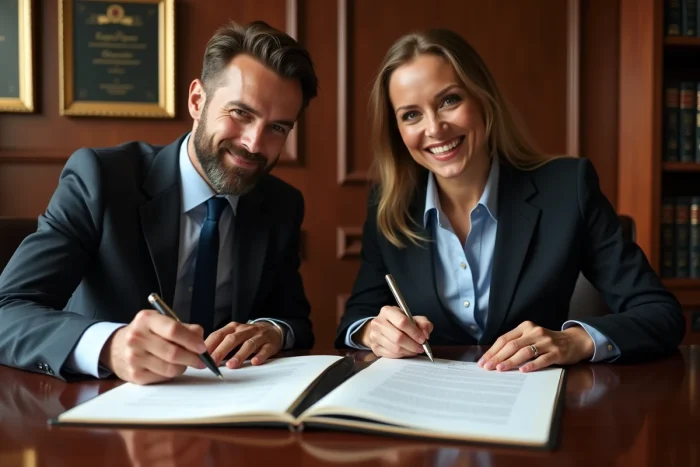 Signature des documents finaux pour conclure la transaction de vente d'une entreprise entre un avocat et un chef d'entreprise