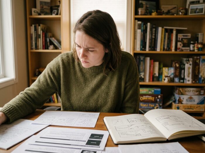Jeune femme concentrée étudiant des documents de game design à son bureau avec des notes manuscrites et des croquis de niveaux