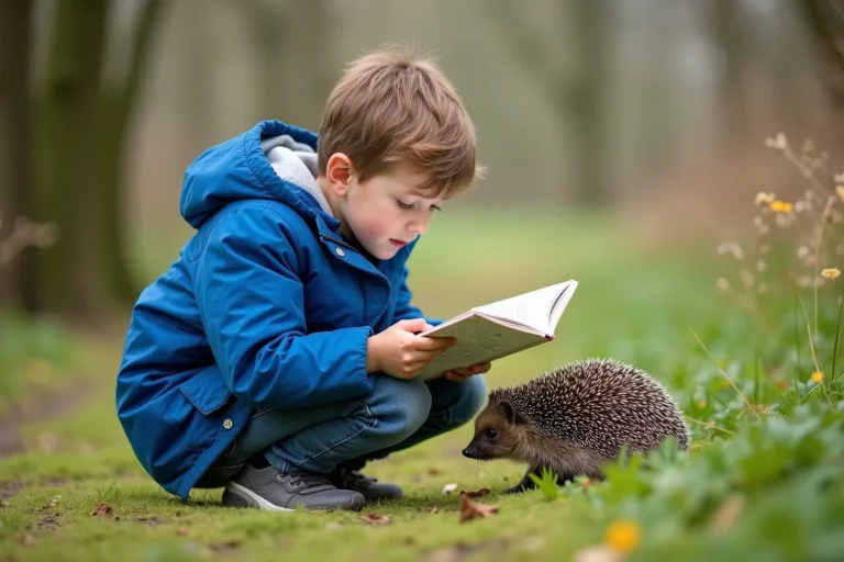 Jeune garçon observant un hérisson dans un parc
