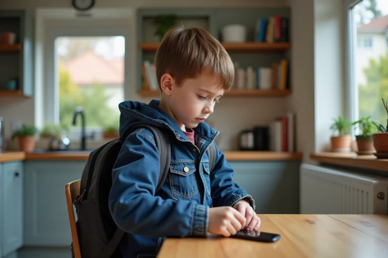 Garçon de 9 ans plaçant un traceur GPS dans son sac à dos