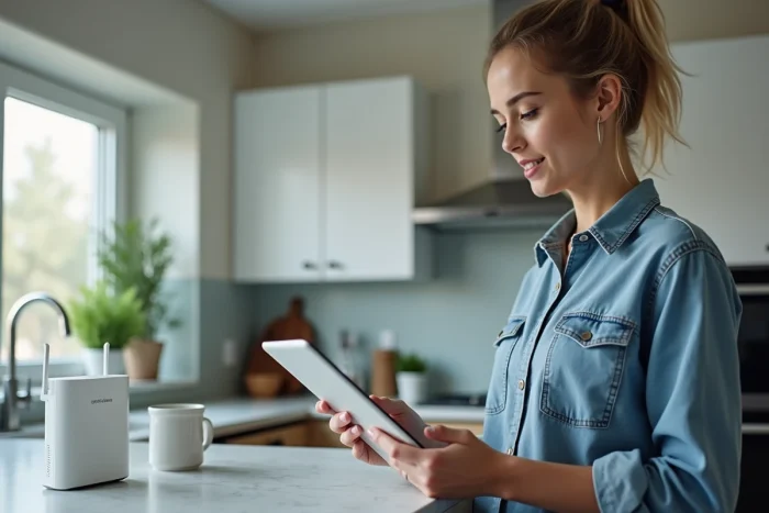 Femme gérant son abonnement Free Mobile et Freebox depuis une tablette dans une cuisine moderne