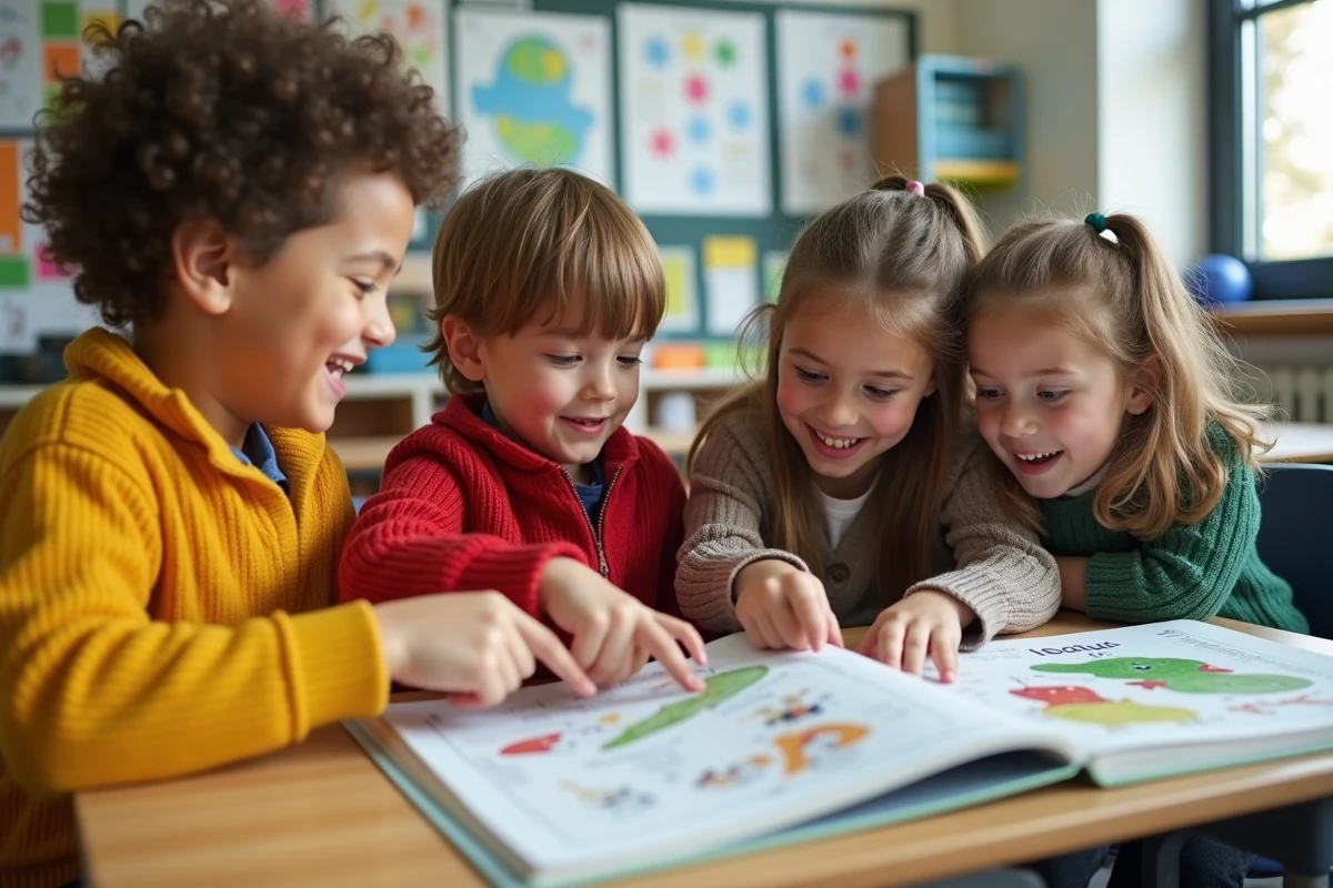 Groupe d enfants découvrant un livre OuiOui en classe
