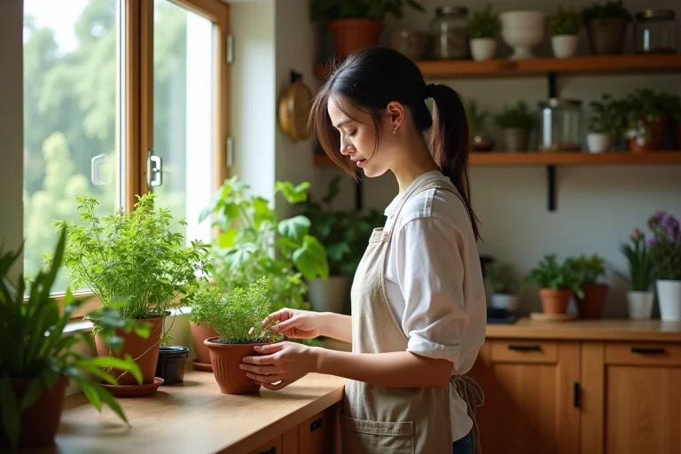 Femme arrangeant des plantes aromatiques sur un rebord de fenêtre en bois dans une cuisine saine et naturelle