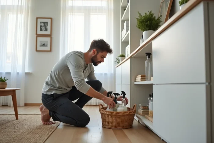 Homme organisant des produits ménagers naturels dans un salon minimaliste et épuré pour un habitat sain