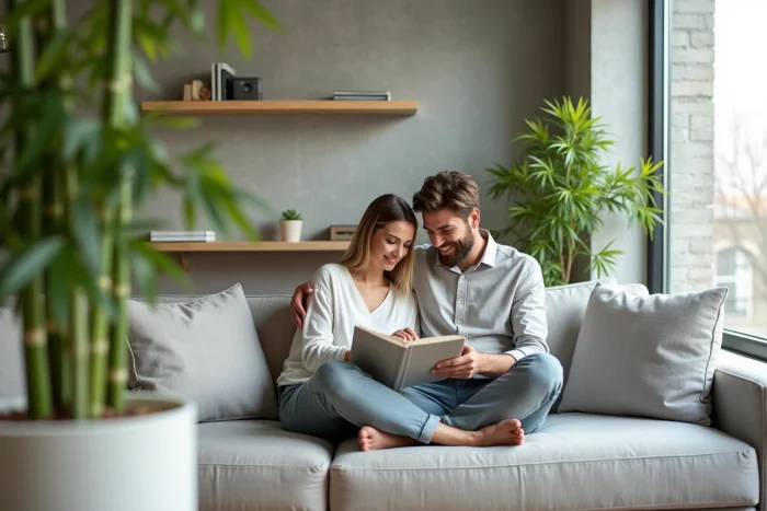 Couple lisant sur un canapé en lin dans un salon sain avec plantes purificatrices et matériaux naturels