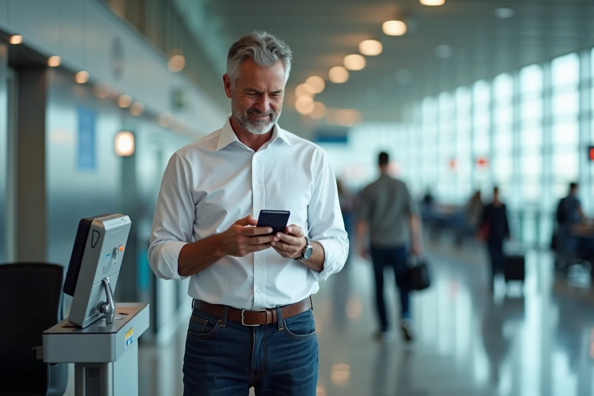 Homme lisant son téléphone près d