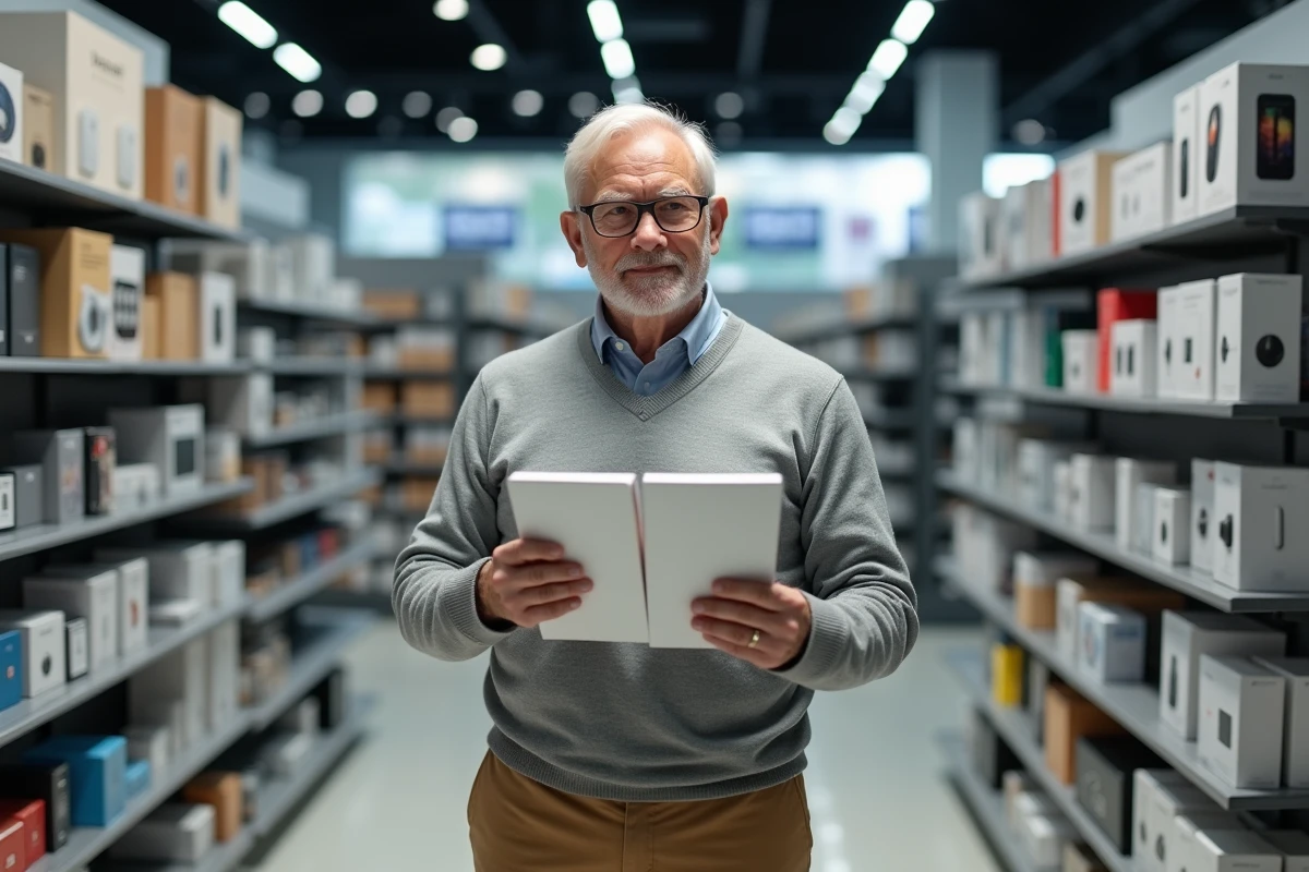 Homme d age moyen examinant produits en magasin électronique