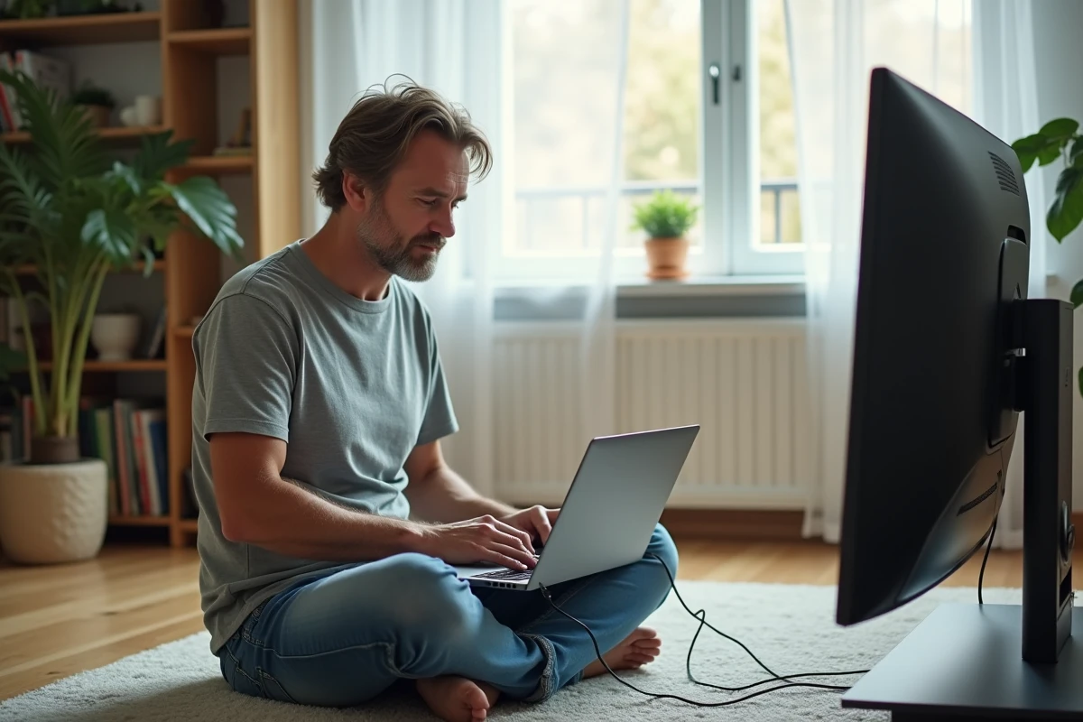 Homme connectant son laptop à la télévision dans un salon