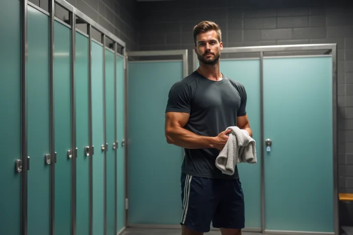 Homme dans la salle de sport près des douches modernes