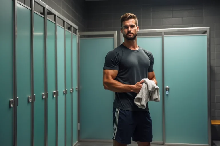 Homme dans la salle de sport près des douches modernes