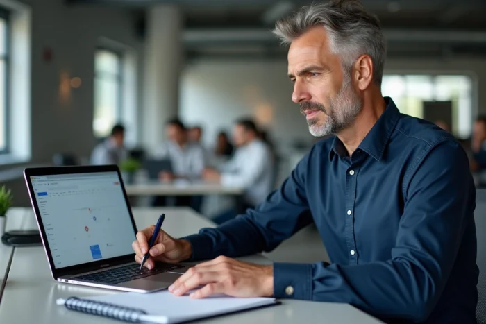 Homme en entreprise consultant les numéros de semaine sur Google Agenda via un ordinateur portable avec un agenda papier