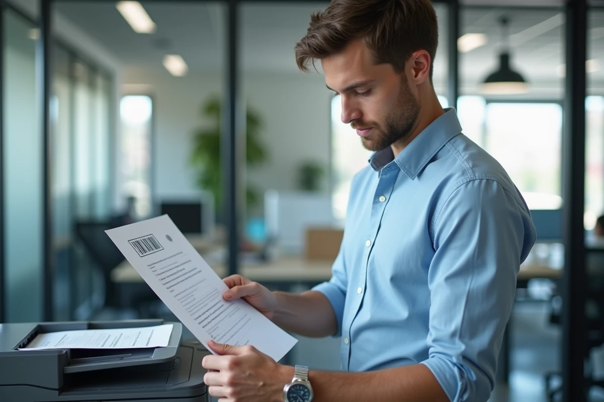 Homme vérifiant une page imprimée avec tampon numérique dans un bureau moderne