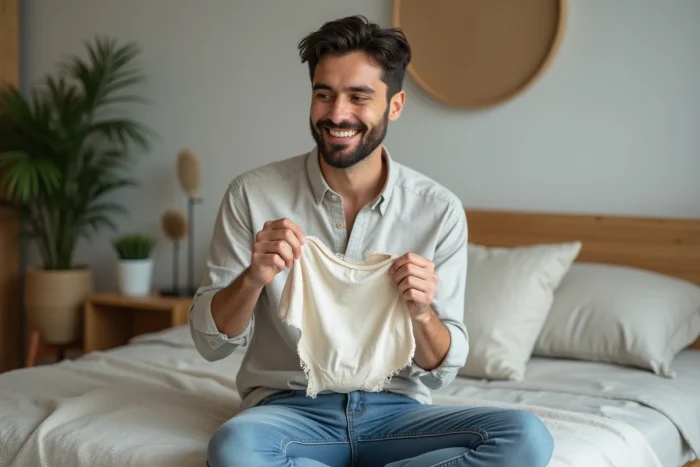 Homme souriant examine un slip en coton dans la chambre