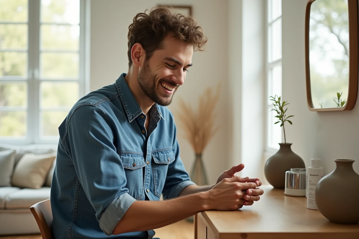 Homme appliquant une creme hydratante dans un salon lumineux