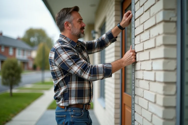 Homme mesurant la façade d'une maison moderne dans un quartier résidentiel