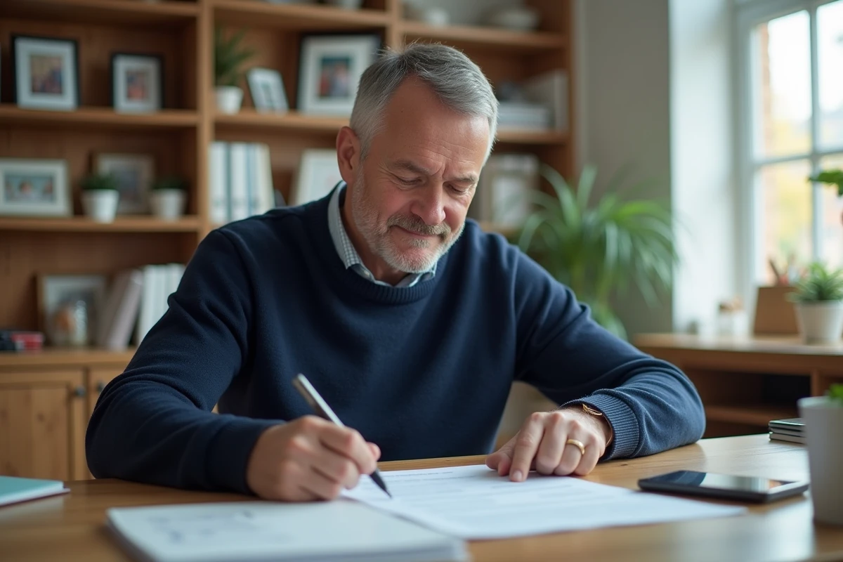 Homme vérifiant un document Pajemploi dans son bureau à domicile