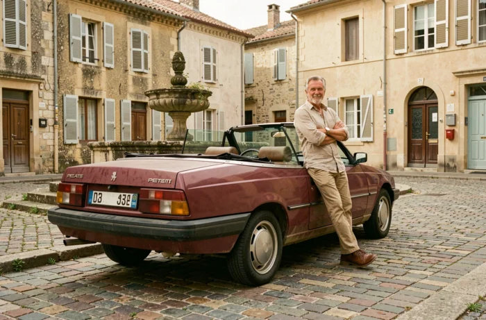 Homme appuyé sur une Peugeot 305 cabriolet bordeaux sur une place de village en France pavés
