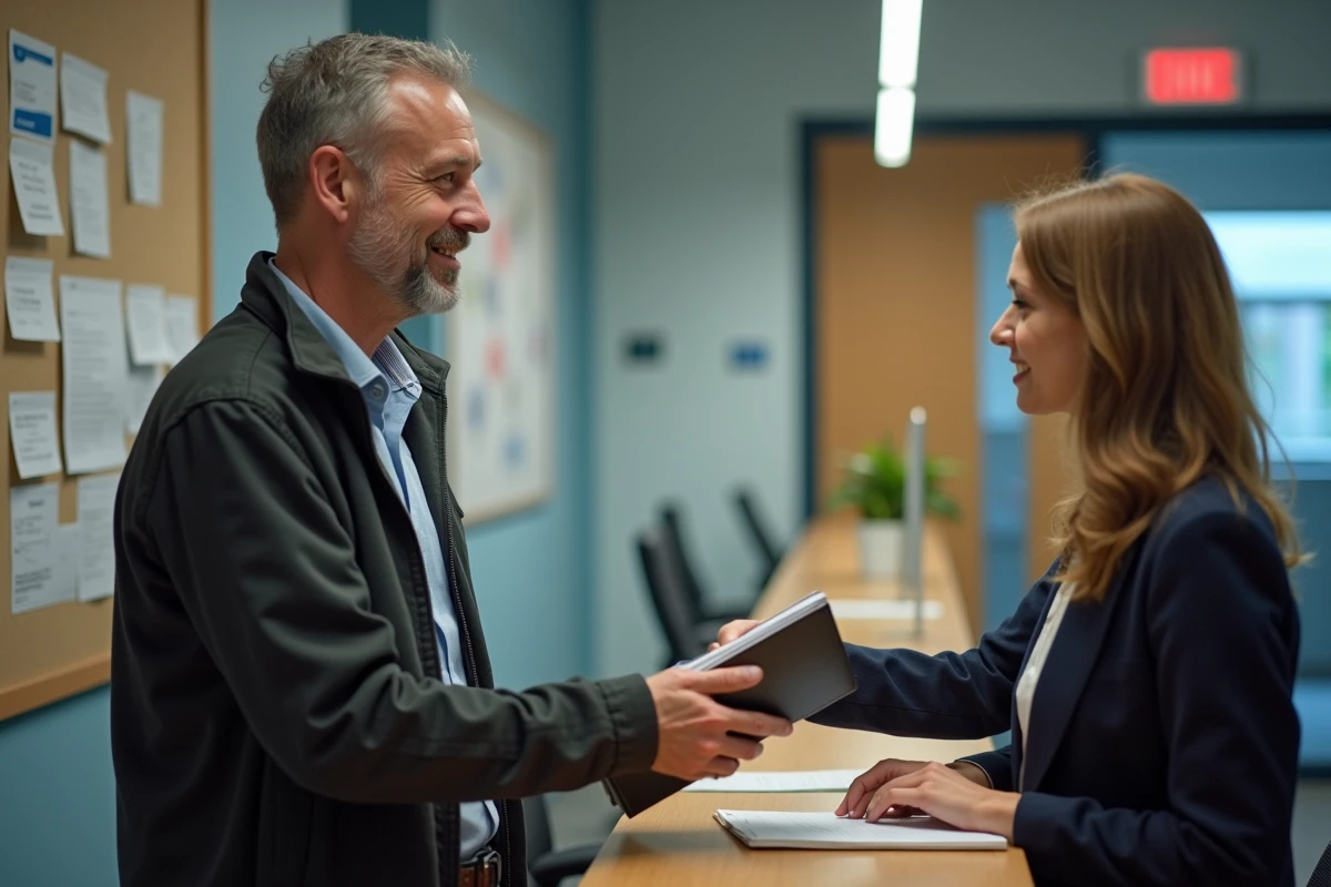 Homme remettant un dossier à un agent d emploi